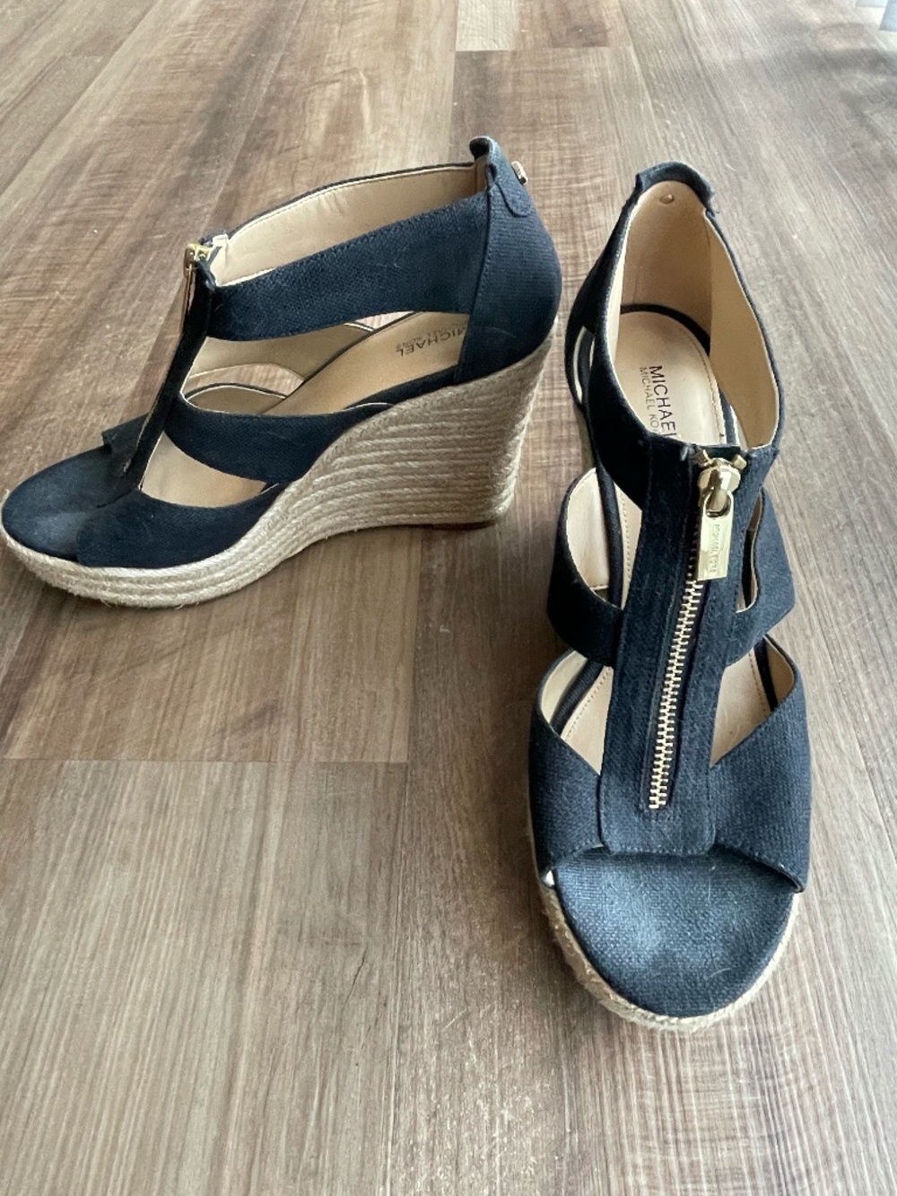 Michael Kors Damita Black Wedge Canvas Platform Wedge Heels